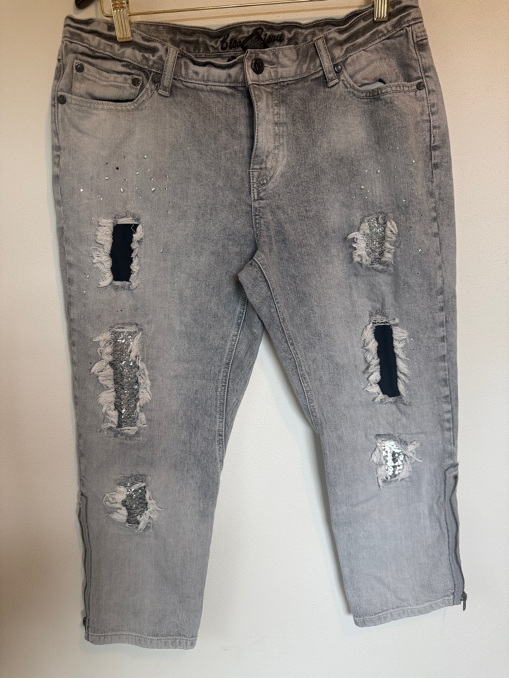 Bisou Bisou Grey Distressed Sequin Boyfriend Jeans